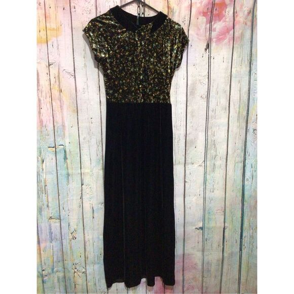 Vintage 90’s BENDIGO IMPRESSIONS VELVET Dress Size Small Funky Maxi Black Multi - Picture 8 of 16